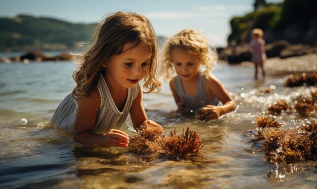 Les filles jouent au bord de la mer, l'été, la plage, le soleil, la chaleur, l'eau, le château de sable, le sable.