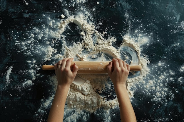 Des filles avec des mains qui tiennent un rouleau sur une table noire en arrière-plan de cuisson