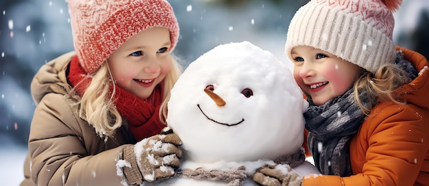 des filles mignonnes et un bonhomme de neige image générée par l'IA