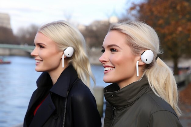 Photo des filles portant des airpods dans le parc.