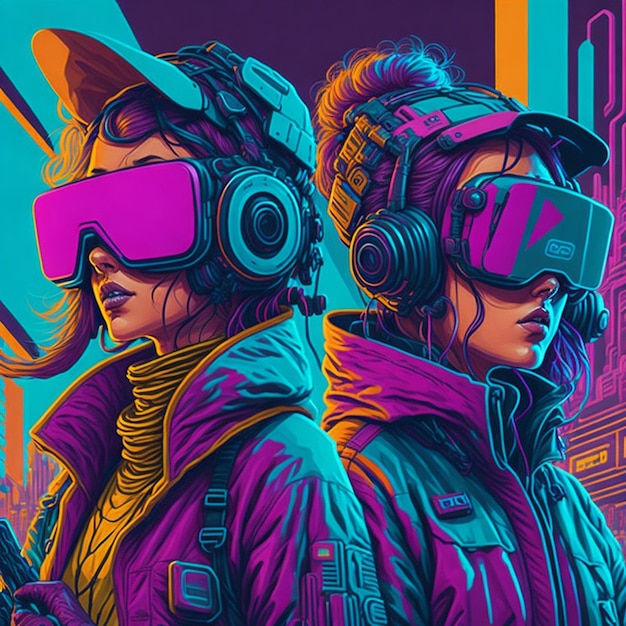 Filles portant des illustrations de casque VR dans un monde Cyberpunk 4k aux couleurs vives et aux vibrations rétro