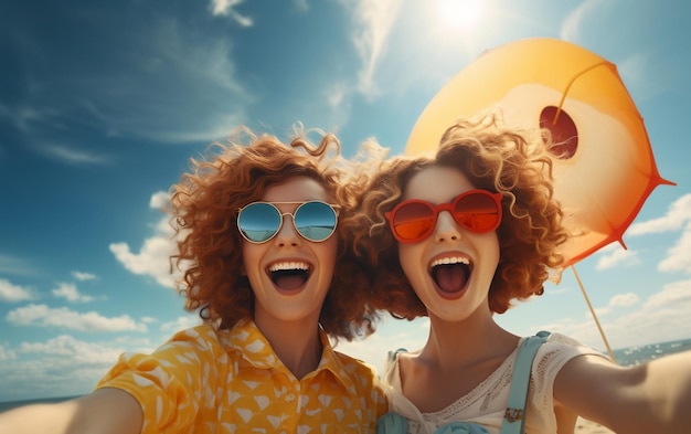 Filles prenant un selfie sur la plage AI générative