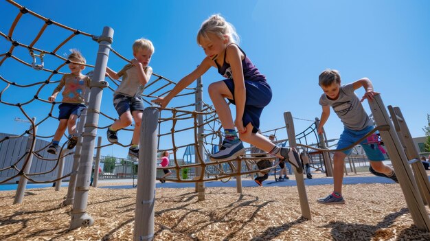 Des filles qui s'amusent sur le terrain de jeu, qui apprécient les loisirs, le ciel et les voyages AIG41