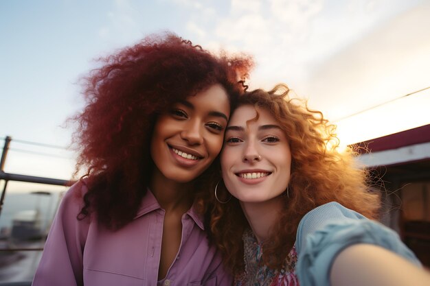 Des filles qui se font un selfie à l'extérieur.