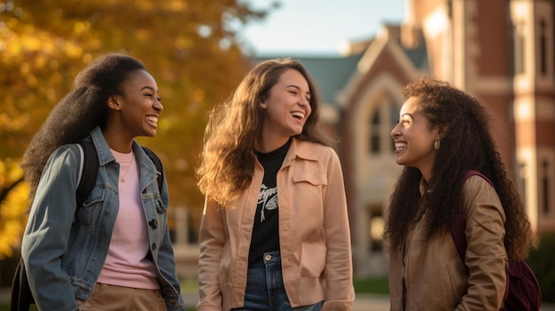 Filles riant et riant devant une église