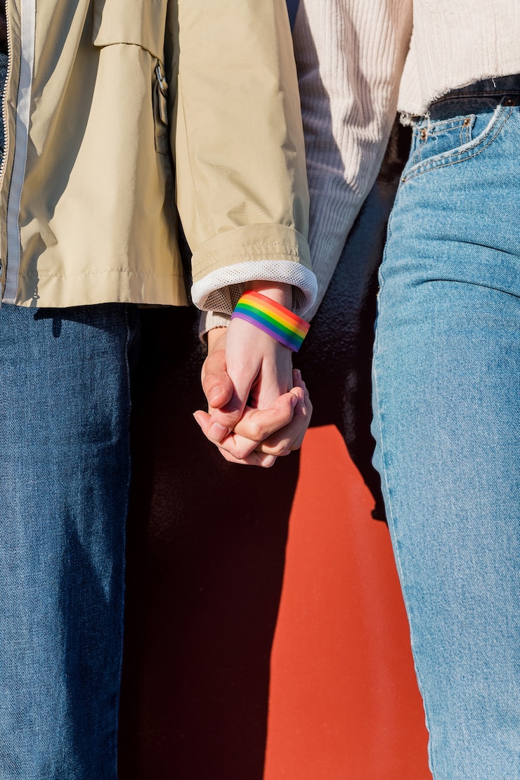 Photo filles se tenant la main avec bracelet arc-en-ciel