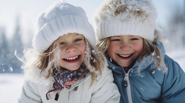 Des filles souriantes jouant dans la neige l'hiver amusant à l'extérieur