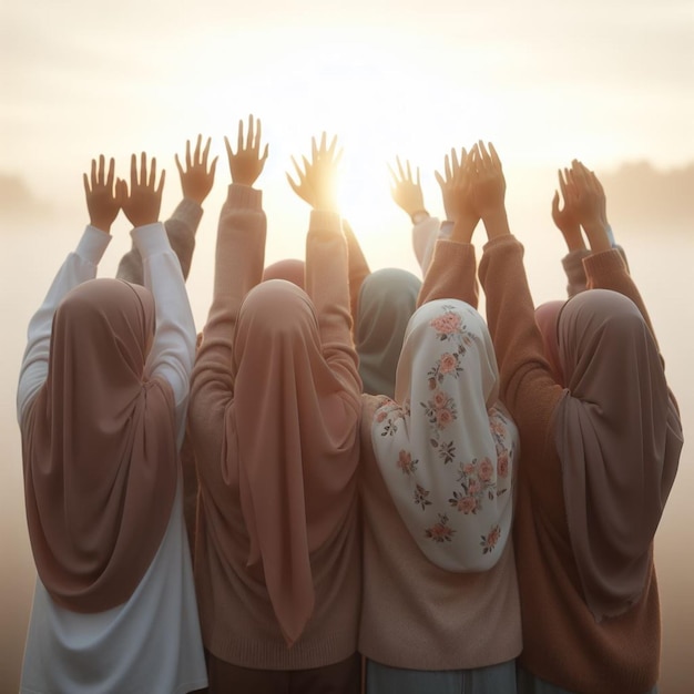 Les filles tournent le dos et lèvent les deux mains.