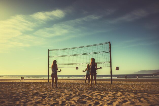 Des filles de volley-ball jouant sur la plage tôt le matin.