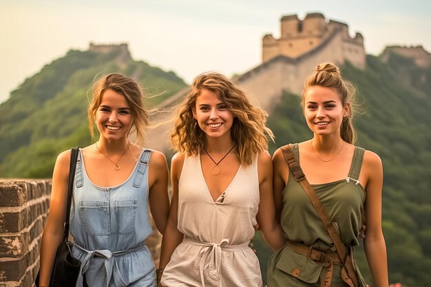 Les filles voyagent sur le mur chinois AI générative