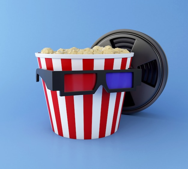 Photo film 3d, pop-corn et lunettes 3d.