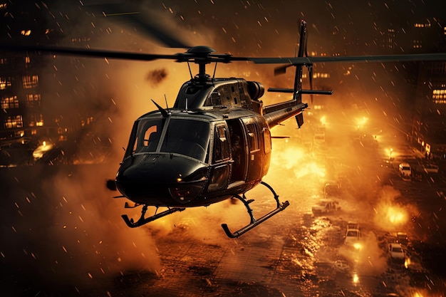 Film d'action avec un hélicoptère planant dans les airs au-dessus des flammes et des explosions Scène dynamique dans le style d'un film d'action à succès AI générée