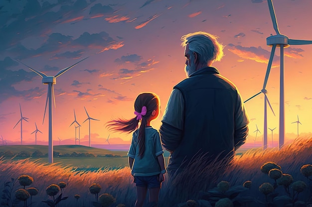 Le film montre un jeune père insouciant tenant ses filles tout en regardant un champ de moulins à vent dans le crépuscule une croyance dans les énergies renouvelables un amour de la nature un engagement envers la famille et