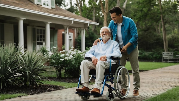 Le fils aidant son père en fauteuil roulant près d'une maison de retraite