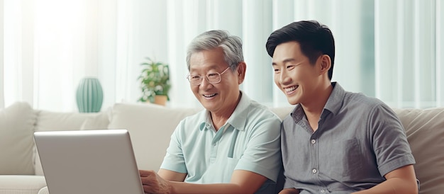 Fils asiatique et père âgé utilisant un ordinateur portable ensemble à la maison avec les plus jeunes enseignant aux plus âgés comment naviguer sur Internet