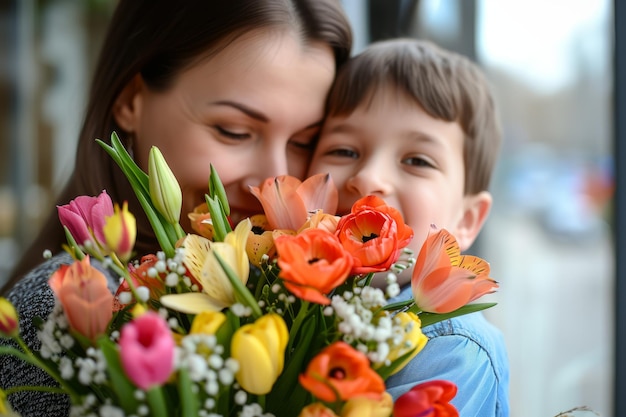 Photo fils avec un bouquet de fleurs pour la mère le jour de la fête des mères