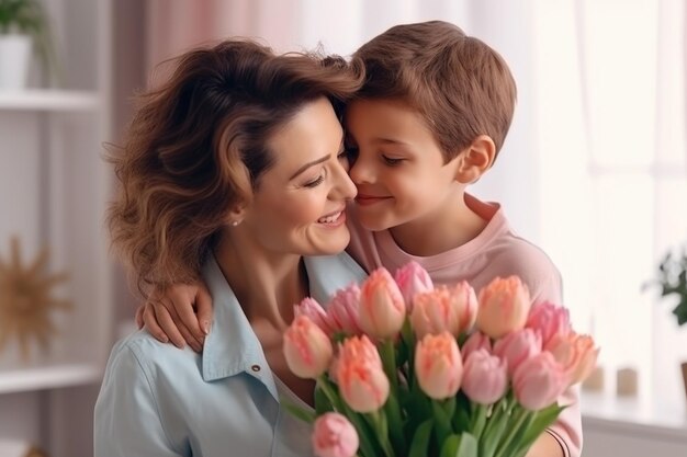 Le fils célèbre la fête des mères avec des baisers tendre et des tulipes