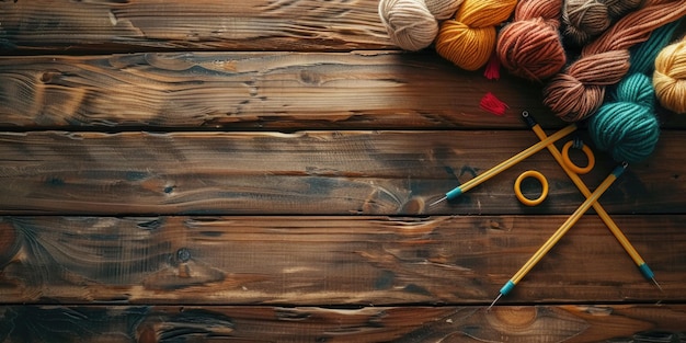 Photo des fils colorés et des aiguilles à tricoter sur une surface en bois idéal pour les projets d'artisanat