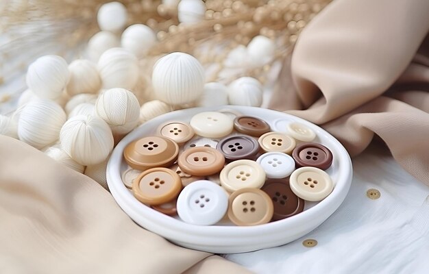 Photo des fils colorés, des boutons, des aiguilles, du tissu sur une table en bois blanc.