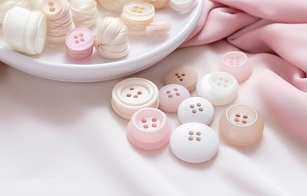 Photo des fils colorés, des boutons, des aiguilles, du tissu sur une table en bois blanc.
