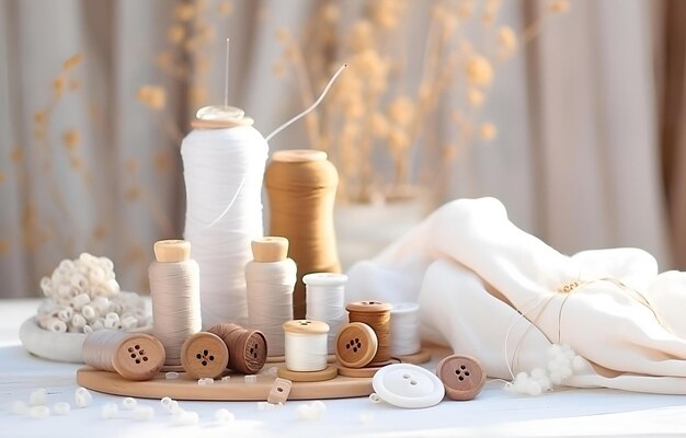 Photo des fils colorés, des boutons, des aiguilles, du tissu sur une table en bois blanc.