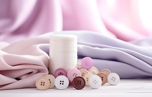 Photo des fils colorés, des boutons, des aiguilles, du tissu sur une table en bois blanc.