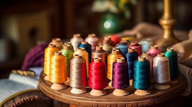 Fils à coudre colorés sur une vieille table de travail avec une sensation impressionnelle