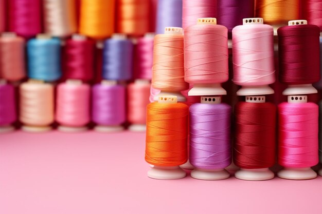 fils de couture colorés sur fond rose avec copie