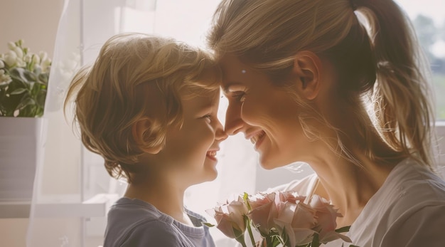 Le fils donne des fleurs à sa mère joyeuse pour la fête des mères