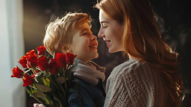 Le fils donne des fleurs à sa mère joyeuse pour la fête des mères