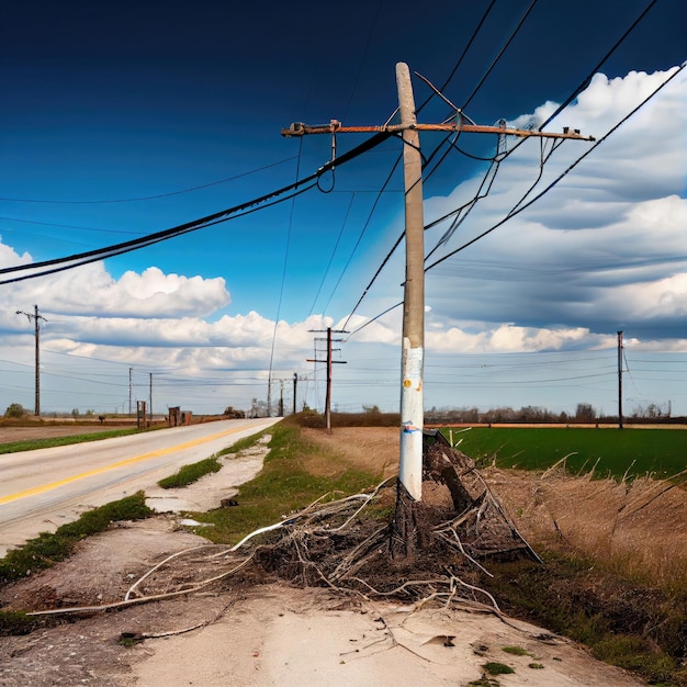 Fils fixés le long du sol après une tempête et une rupture de ligne électrique