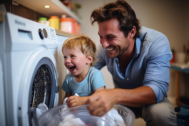 Un fils français aide son père à laver le linge avec Ai générative