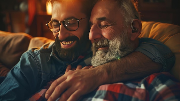 Fils hipster adulte amusant étreindre vieux père aîné à la maison deux générations ont une barbe parler ensemble et se détendre avec le sourire 2 homme heureux profiter de vivre à la maison dans la fête des pères avec l'amour de la famille