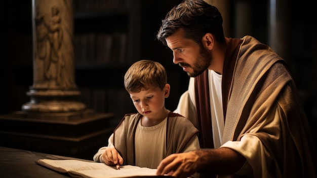 Photo le fils d'un sénateur romain en toga reçoit des instructions d'un tuteur