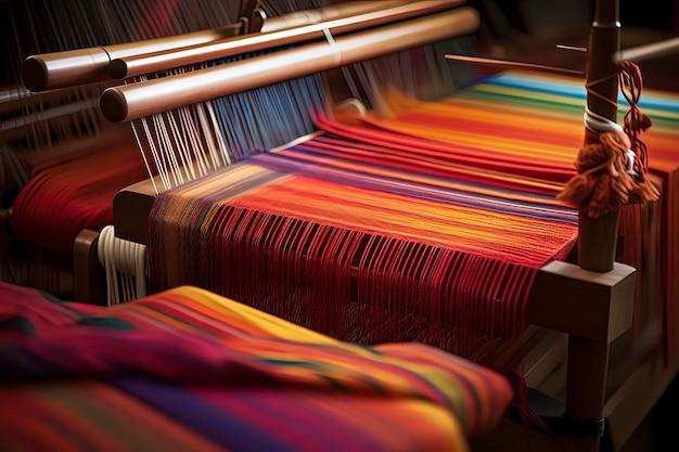 Fils de soie colorés sur les machines de l'atelier textile Image générée par la technologie AI