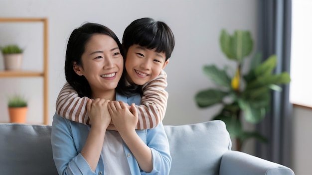 Fils tendre asiatique heureux étreignant sa mère le jour de la mère pendant la célébration des vacances à la maison