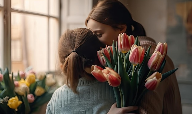 Un fils tendre embrasse une mère heureuse et lui donne un bouquet de tulipes pour la féliciter pour la fête des mères AI générative