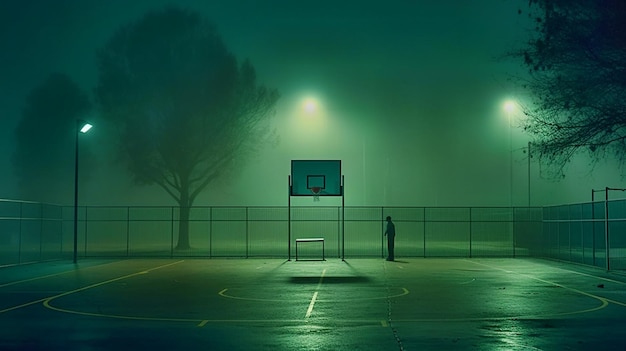 fin de l'automne au crépuscule dans un parc avec brume