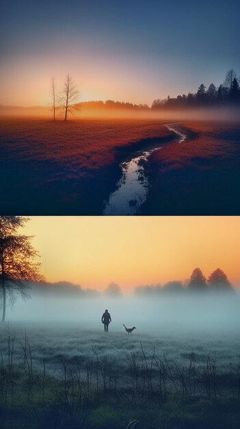 fin de l'automne au crépuscule dans un parc avec brume