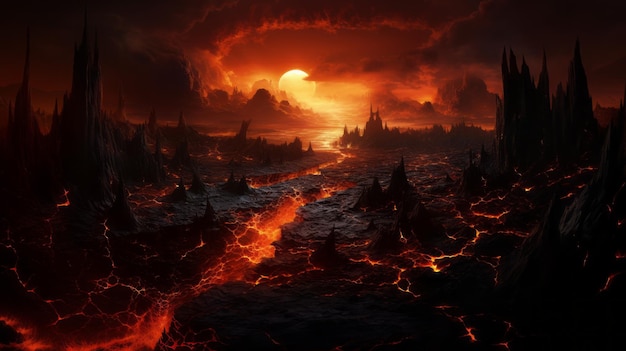 Fin du monde l'apocalypse l'Armageddon les coulées de lave coulent à travers la planète l'enfer sur terre le paysage fantastique l'infer le magma le volcan