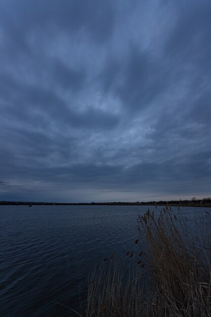 En fin de soirée au bord du lac couvert et nuageux avec des branches d'arbres au premier plan