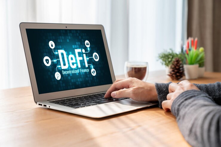 Photo la finance décentralisée ou le concept defi sur l'écran d'ordinateur à la mode le système defi donne un nouveau choix d'investissement et d'épargne d'argent