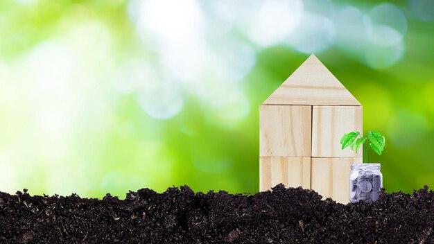 Finance Modèle maison en bois et pièces d'argent dans une bouteille en verre avec arbre qui pousse sur fond de nature verdoyante bokeh lumière du soleil Économiser de l'argent Investissement commercial et prêt pour le concept de maison d'achat immobilier