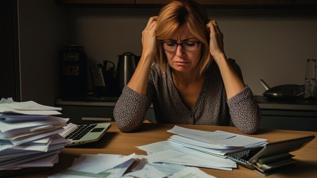Les finances émotionnelles Une femme adulte tient des comptes en surprise