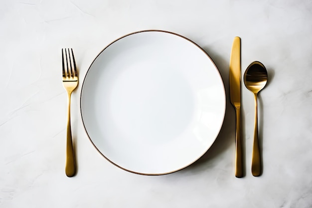 Fine Dining Essentials Assiette blanche et luxueux couverts dorés Generative AI