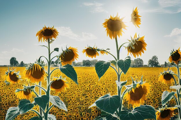 De fines tiges vert clair avec des feuilles contiennent des têtes de tournesol jaune vif