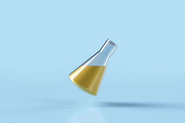 Fiole Erlenmeyer avec liquide jaune sur fond bleu