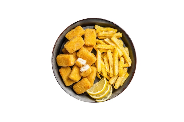 Fish and Chips Bâtonnets de poisson avec frites dans un bac en acier avec sauce isolé sur fond blanc