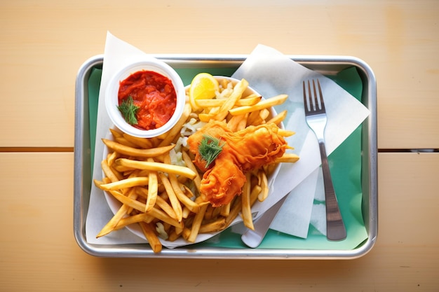 Photo fish and chips dans un bac à papier avec une fourchette en plastique