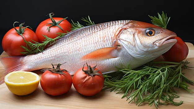 Photo a fish and tomatoes on a white background generative ai